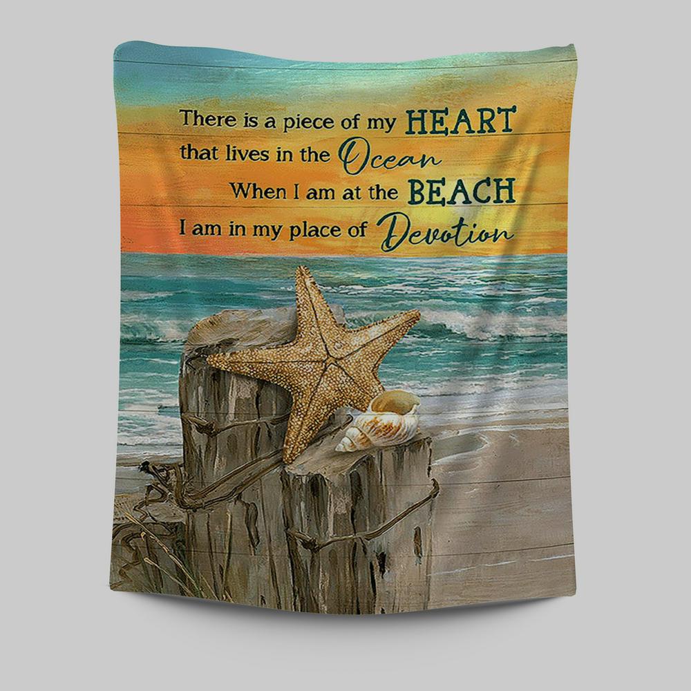 There Is A Piece Of My Heart Starfish Blue Ocean Sunset Tapestry Wall Art - Christian Tapestries Prints - Bible Verse Tapestry Art