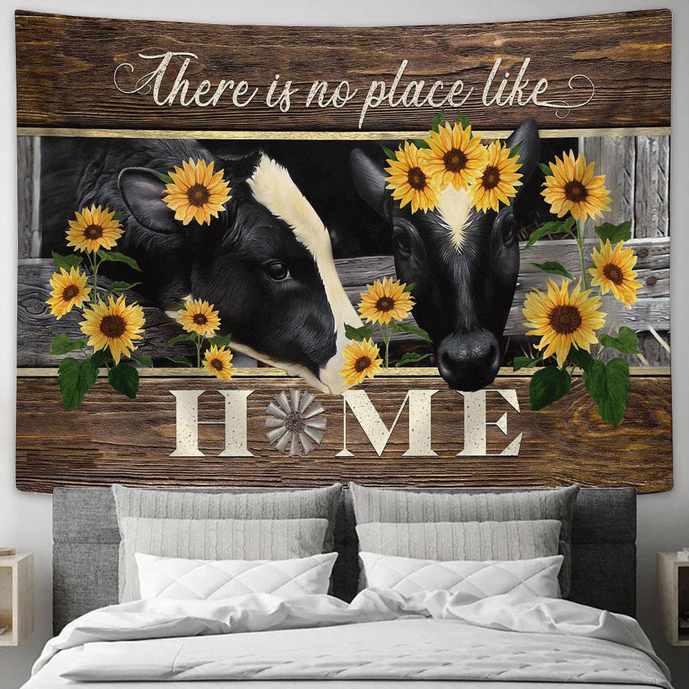 There Is No Place Like Home Black Cow, Sunflower Wall Art Tapestry - Christian Wall Art - Religious Art