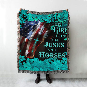 This Girl Runs On Jesus And Horses America Horse Cross Woven Blanket Prints - Jesus Christ Woven Blanket Art - Christian Boho Blanket