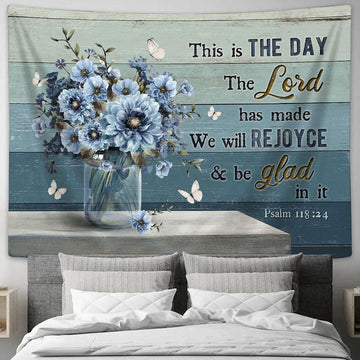 This Is The Day The Lord Has Made Blue Flower Wall Art Tapestry - Christian Wall Art - Religious Art