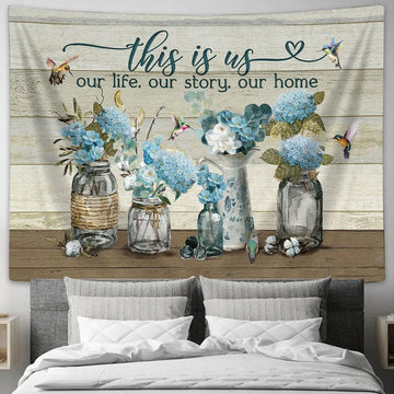 This Is Us, Our Life, Our Story Blue Flower Hummingbird Wall Art Tapestry - Christian Wall Art - Religious Art