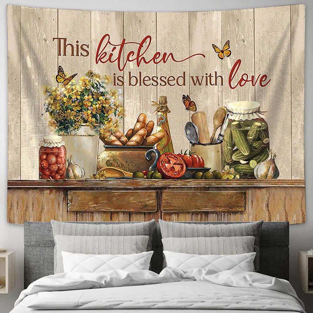 This Kitchen Is Blessed With Love Yellow Flower Fresh Tomato Tapestry Art - Bible Verse Wall Art - Wall Decor Christian