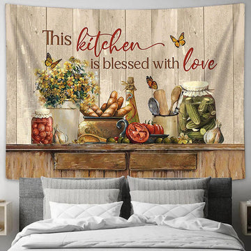 This Kitchen Is Blessed With Love Yellow Flower Fresh Tomato Tapestry Art - Bible Verse Wall Art - Wall Decor Christian