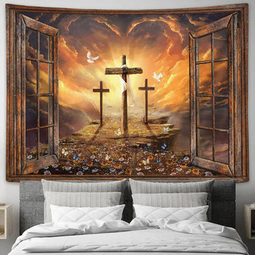Three Cross In The Way To Heaven Jesus Large Tapestry - Christian Tapestry Prints - Religious Tapestry Art
