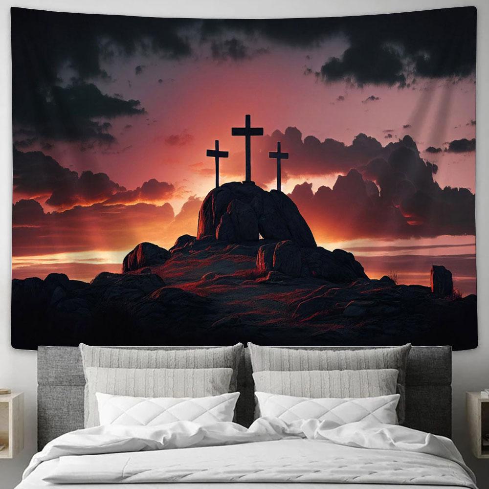 Three Crosses Mountain Easter Tapestry Pictures - Faith Art - Christian Tapestry Wall Art Decor