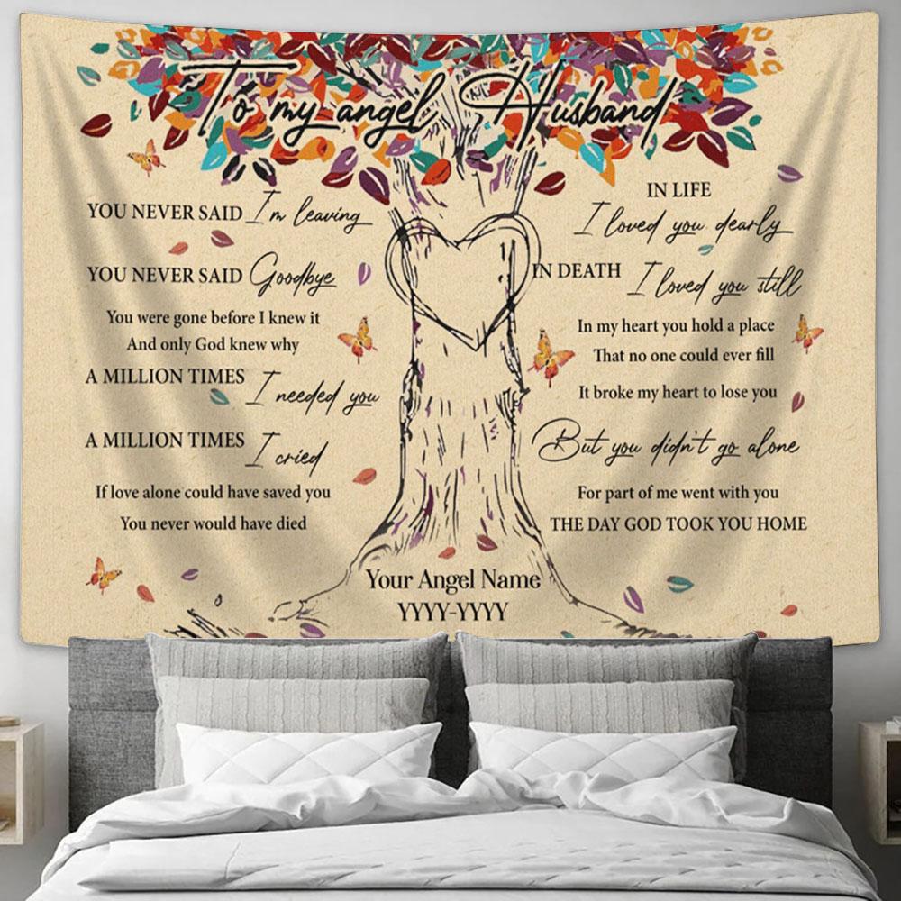 To My Angel Husband Colorful Tree Heart Butterfly Leaf Personalization Large Tapestry - Christian Tapestry Prints - Religious Tapestry Art