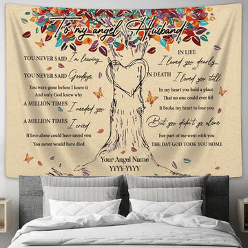 To My Angel Husband Colorful Tree Heart Butterfly Leaf Personalization Large Tapestry - Christian Tapestry Prints - Religious Tapestry Art