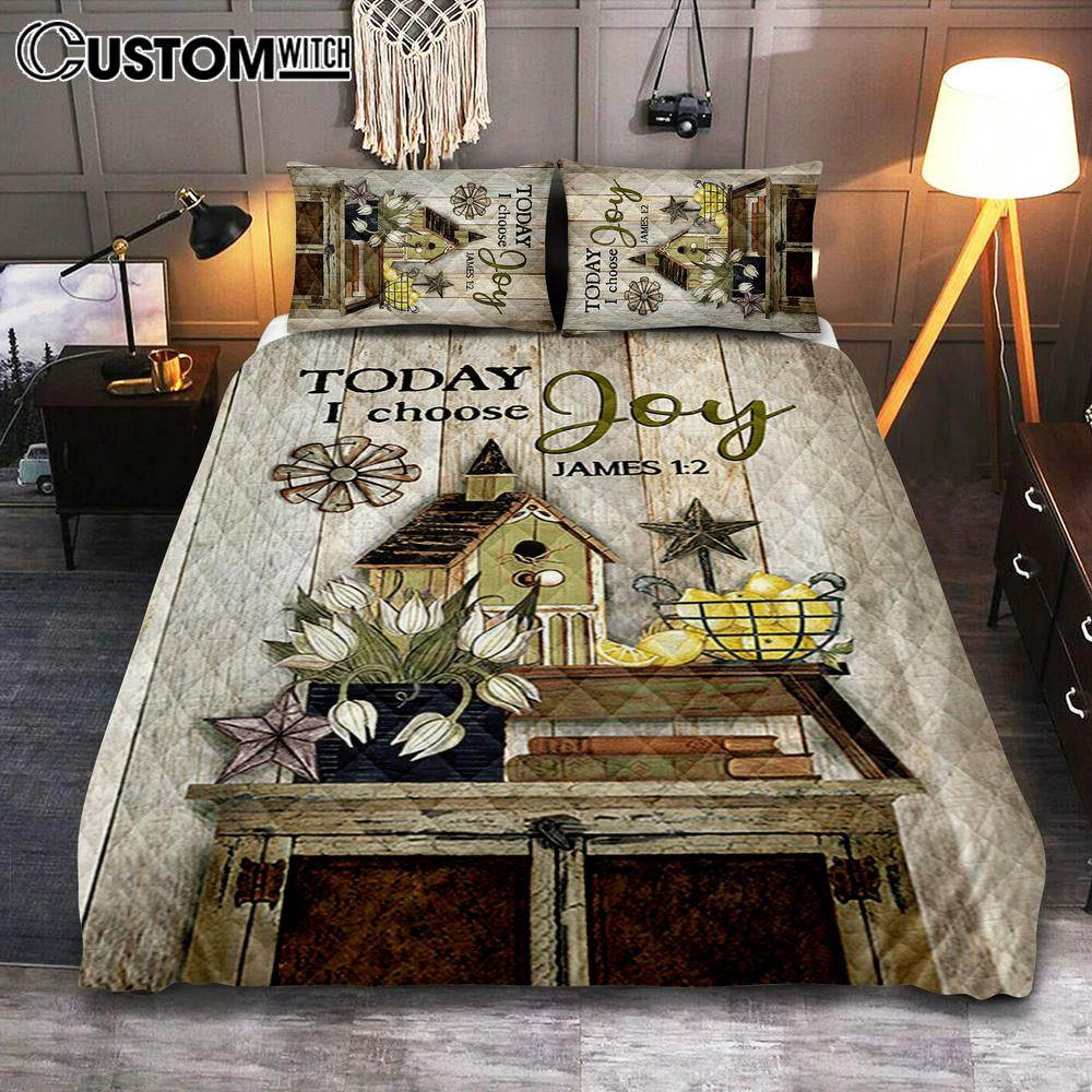 Today I Choose Joy Birdhouse Yellow Lemon Quilt Bedding Set Bedroom - Bible Verse Quilt Bedding Set Art - Christian Home Decor