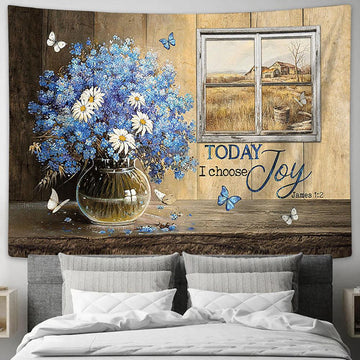 Today I Choose Joy Blue Daisy Flowers Wall Art Tapestry - Christian Wall Art - Religious Art