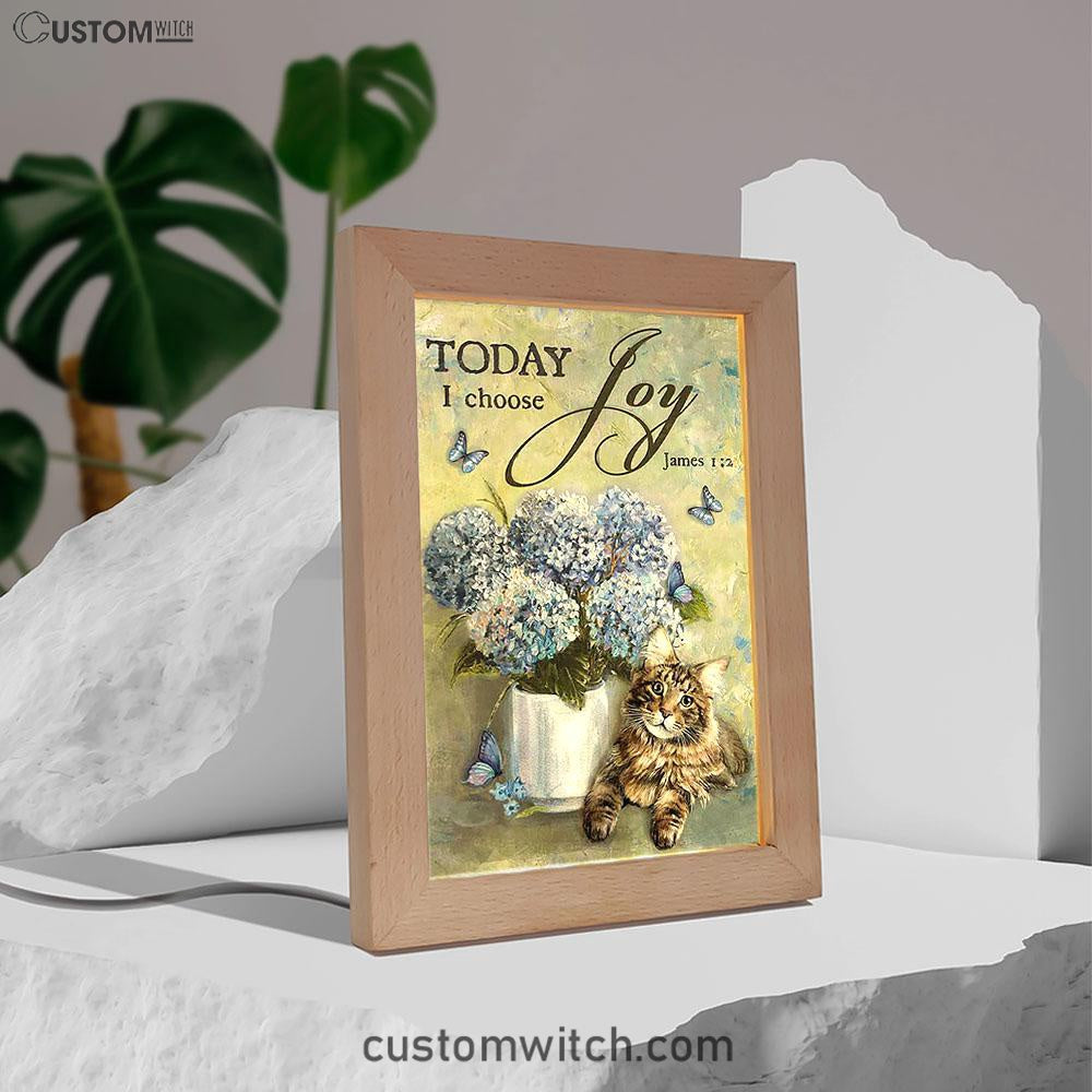 Today I Choose Joy Blue Hydrangea Pretty Cat Butterfly Frame Lamp Art - Bible Verse Wooden Lamp - Inspirational Art - Christian Home Decor