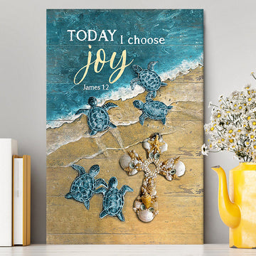 Today I Choose Joy Blue Turtle Cross Canvas Wall Art - Bible Verse Canvas Art - Inspirational Art - Christian Home Decor