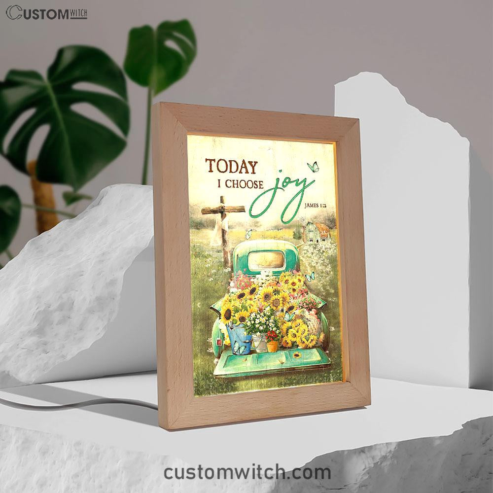 Today I Choose Joy Frame Lamp - Sunflower Car Flower Field Wooden Cross Frame Lamp Art - Christian Art - Bible Verse Art - Religious Home Decor
