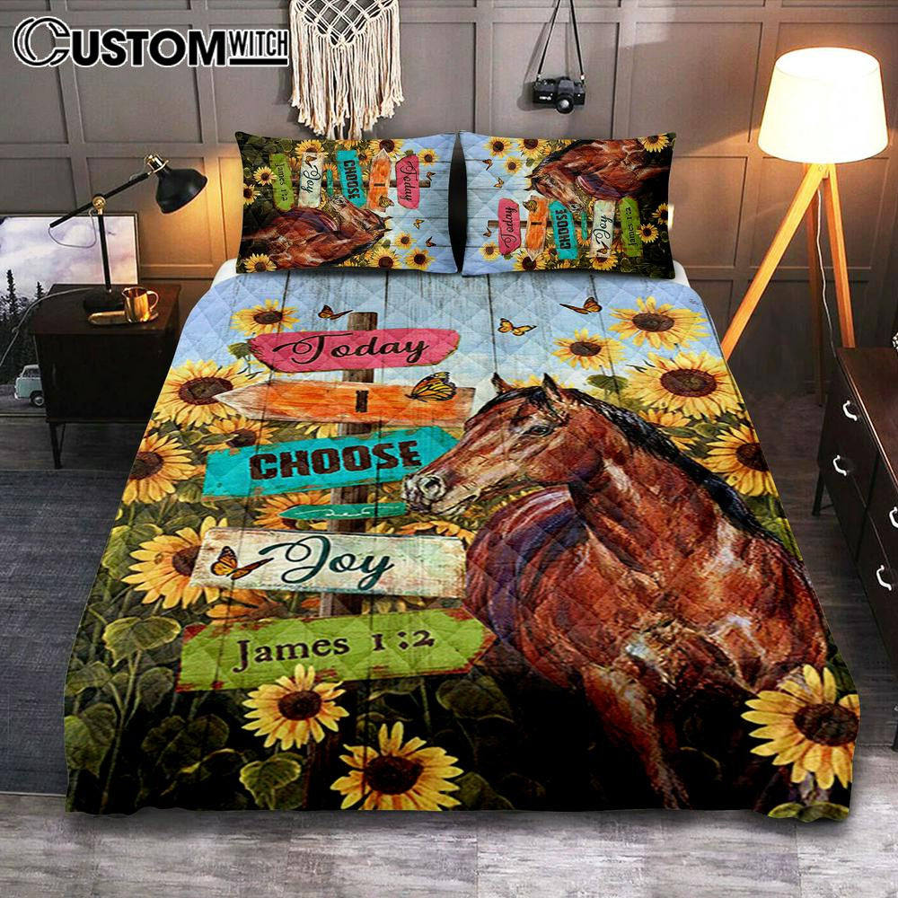 Today I Choose Joy Horse Sunflower Field Monarch Butterfly Quilt Bedding Set Bedroom - Christian Quilt Bedding Set Prints - Bible Verse Quilt Bedding Set Art