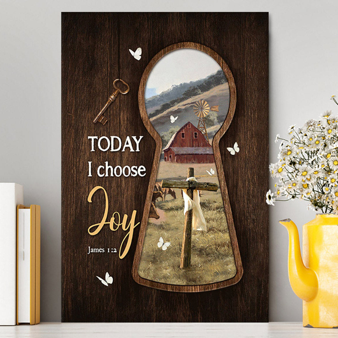 Today I Choose Joy Key Cross Symbol Green Meadow Land Canvas Wall Art - Christian Canvas Prints - Bible Verse Canvas Art
