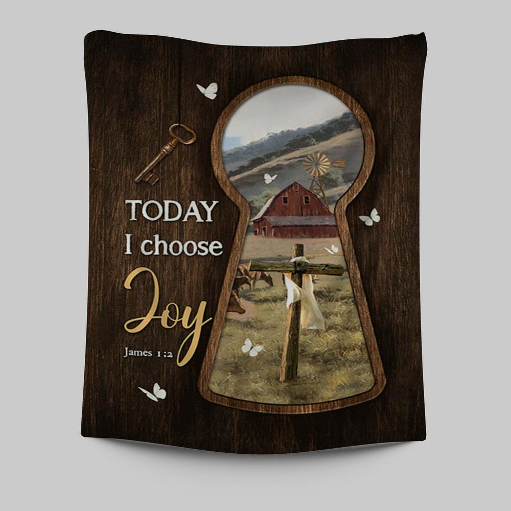 Today I Choose Joy Key Cross Symbol Green Meadow Land Tapestry Wall Art - Christian Tapestries Prints - Bible Verse Tapestry Art