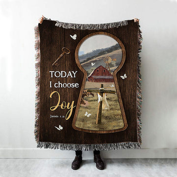 Today I Choose Joy Key Cross Symbol Green Meadow Land Woven Throw Blanket - Christian Woven Blanket Prints - Bible Verse Woven Blanket Art