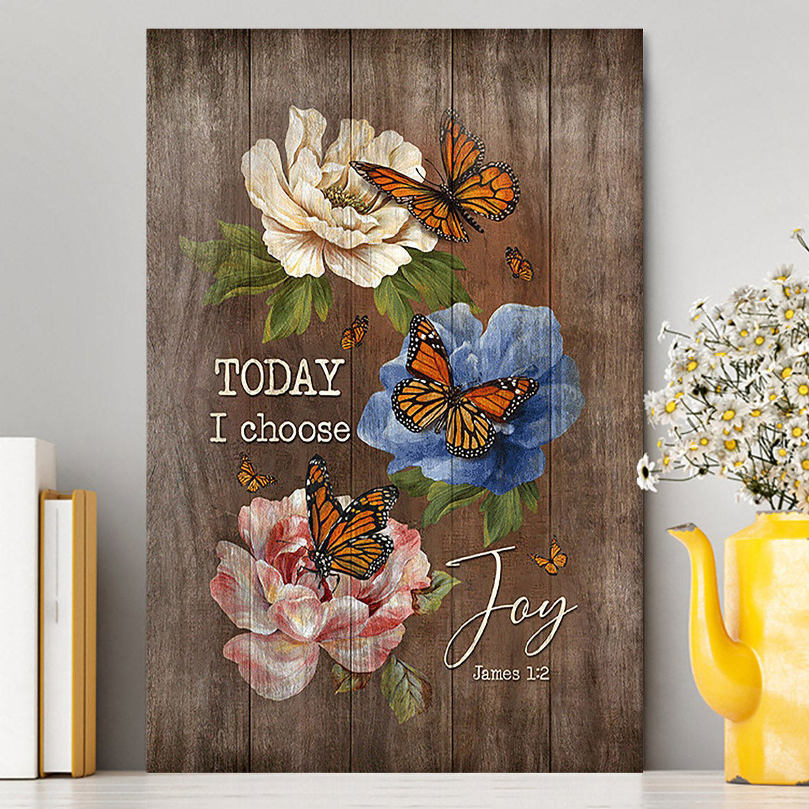 Today I Choose Joy Monarch Butterfly Camellia Canvas - Christian Wall Art - Religious Home Decor