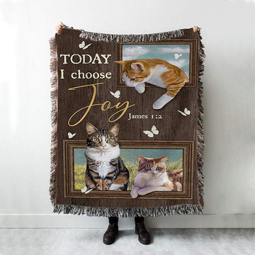 Today I Choose Joy Pretty Cat Yellow Daisy Field Woven Blanket Print - Inspirational Woven Blanket Art - Christian Throw Blanket Home Decor