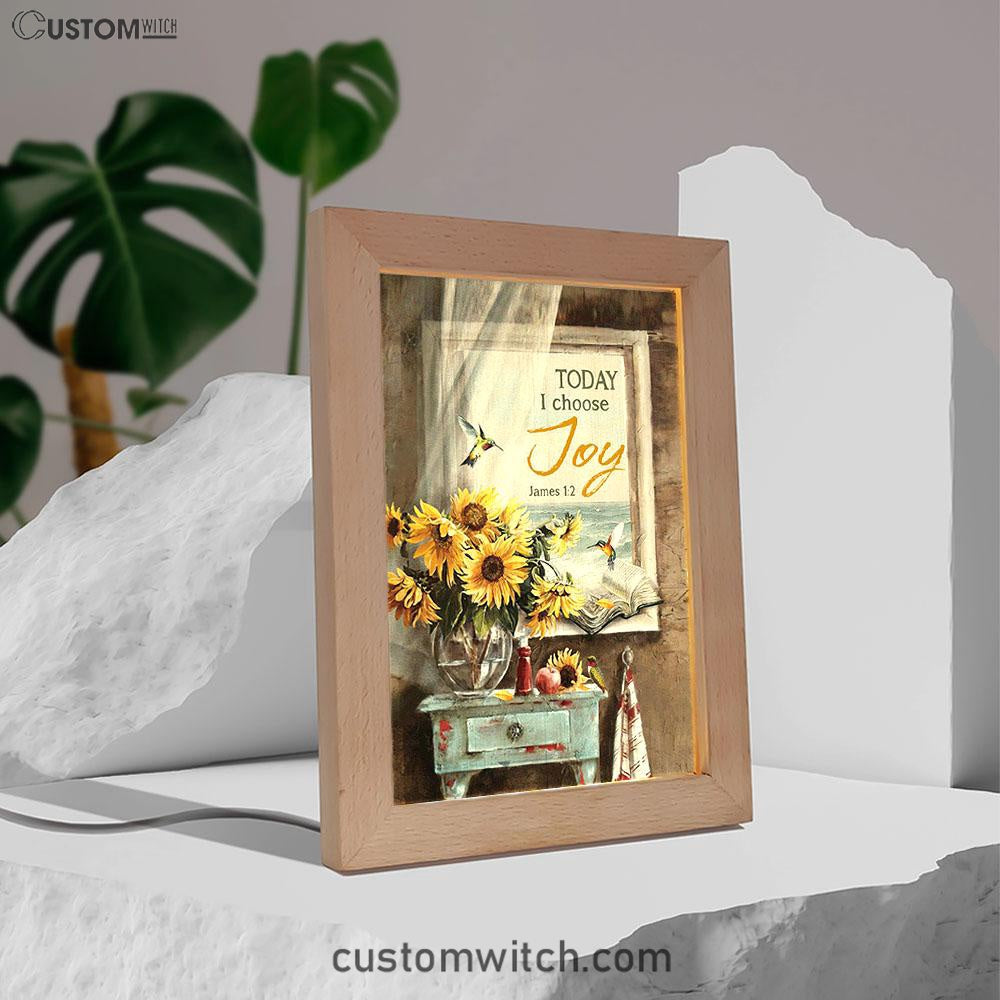 Today I Choose Joy Sunflower Vase Hummingbird Frame Lamp Art - Christian Night Light - Bible Verse Wooden Lamp