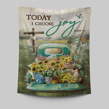 Today I Choose Joy Tapestry - Sunflower Car Flower Field Wooden Cross Tapestry Art - Christian Art - Bible Verse Wall Art - Religious Home Decor