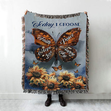 Today I Choose Peace Brown Butterfly Sunflower Woven Blanket Print - Inspirational Woven Blanket Art - Christian Throw Blanket Home Decor