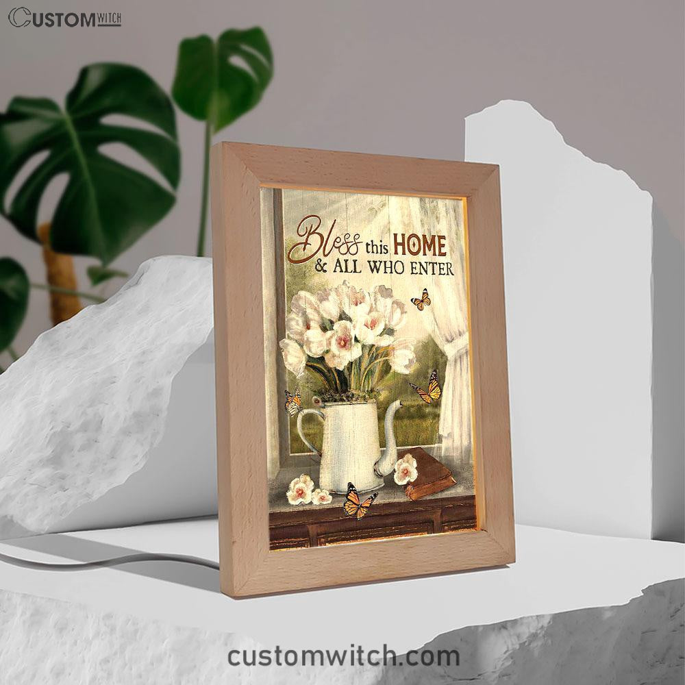 Tulip Butterfly Bless This Home Frame Lamp Art - Christian Art - Bible Verse Art - Religious Home Decor