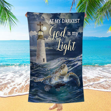 Turtle Blue Ocean Lighthouse God Is My Light Beach Towel - Christian Art - Bible Verse Beach Towel - Religious Beach Towel