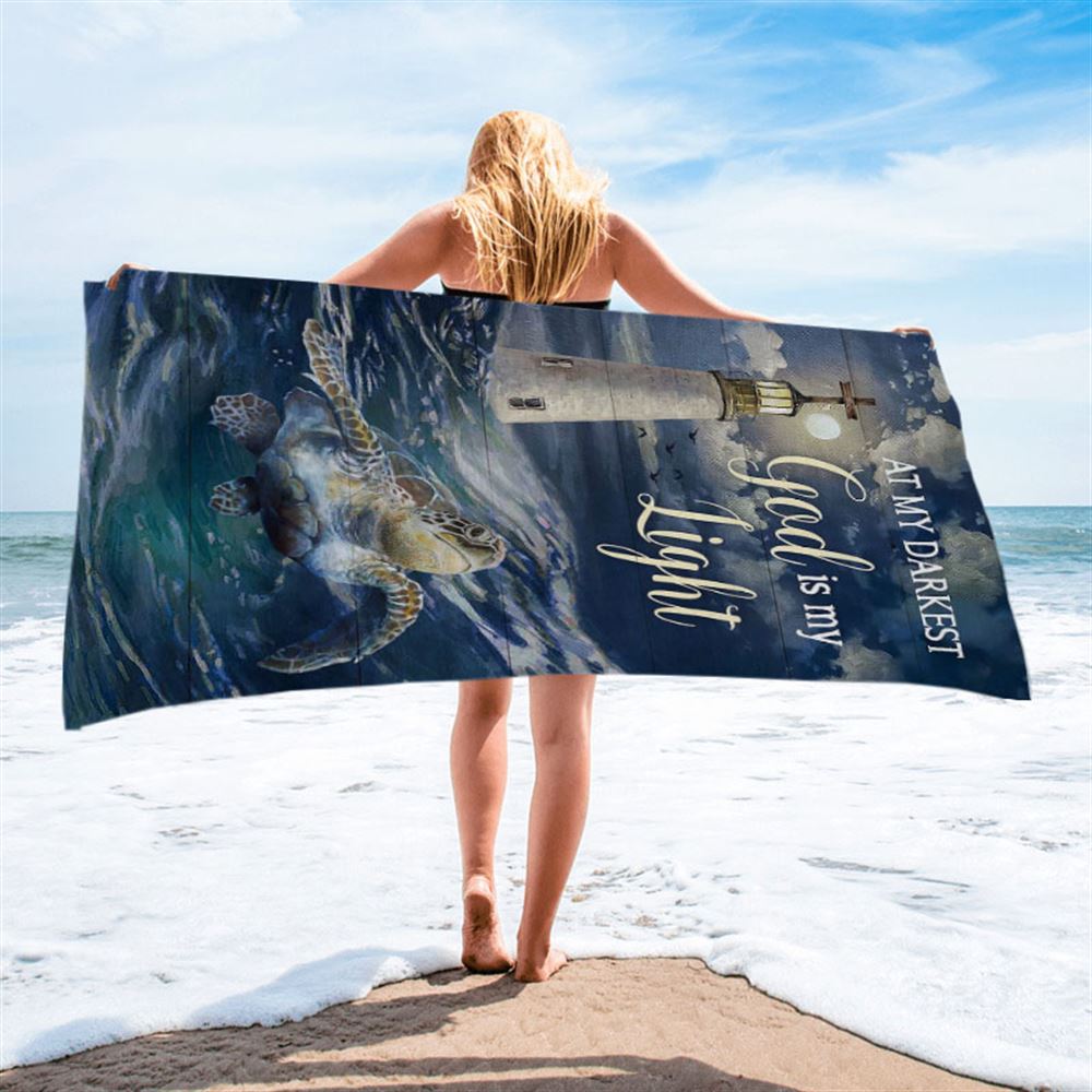 Turtle Blue Ocean Lighthouse God Is My Light Beach Towel - Christian Art - Bible Verse Beach Towel - Religious Beach Towel