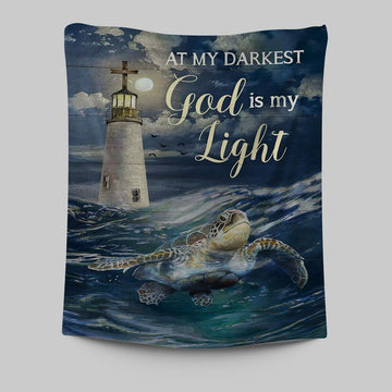 Turtle Blue Ocean Lighthouse God Is My Light Tapestry Art - Christian Art - Bible Verse Wall Art - Religious Home Decor