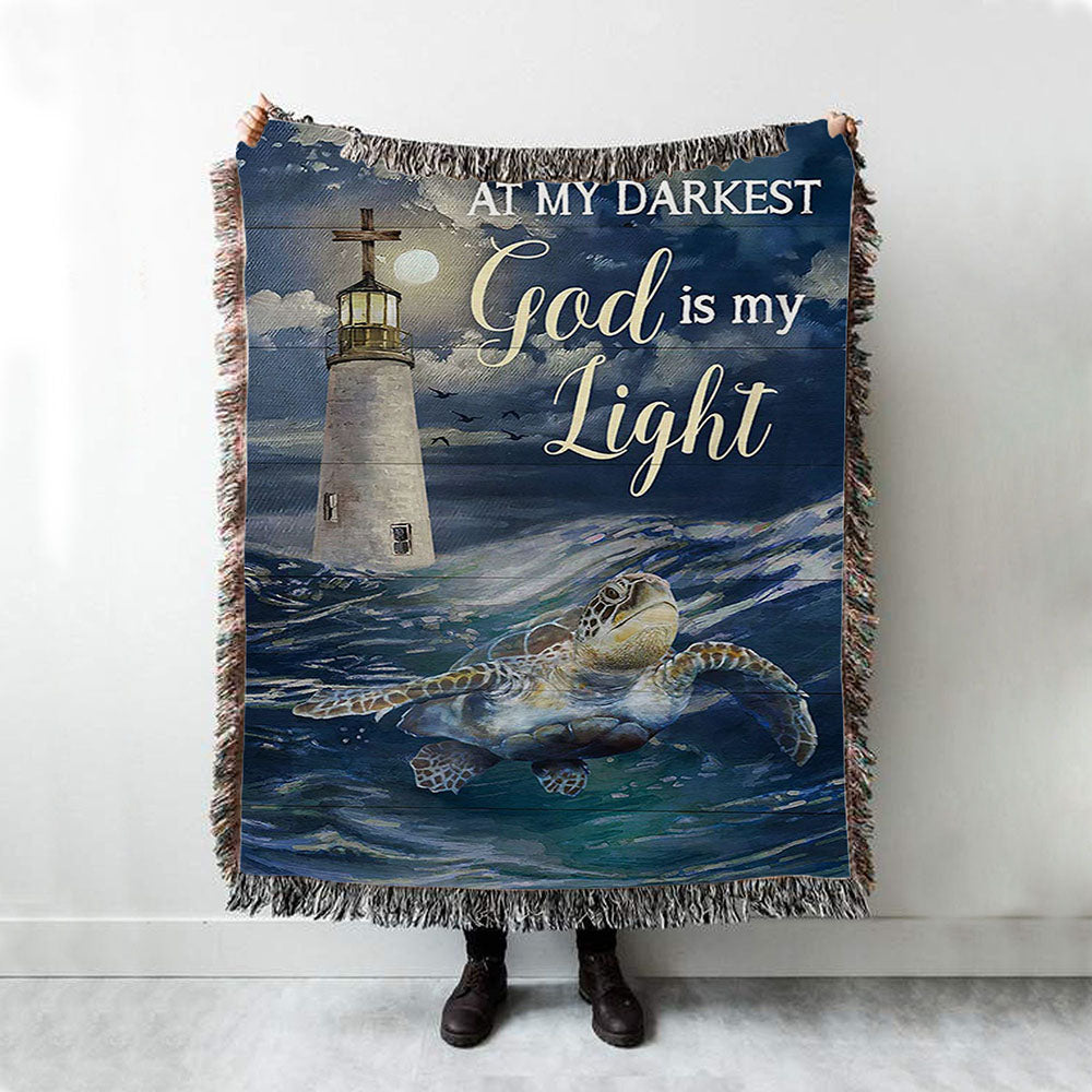 Turtle Blue Ocean Lighthouse God Is My Light Woven Blanket Art - Christian Art - Bible Verse Throw Blanket - Religious Home Decor