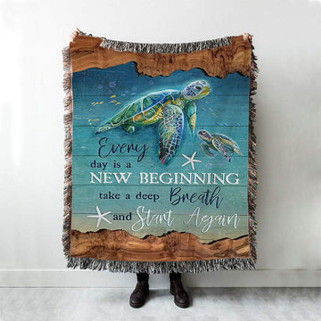 Turtle Under The Ocean Everyday Is A New Beginning Woven Blanket Art - Christian Art - Bible Verse Throw Blanket - Religious Home Decor