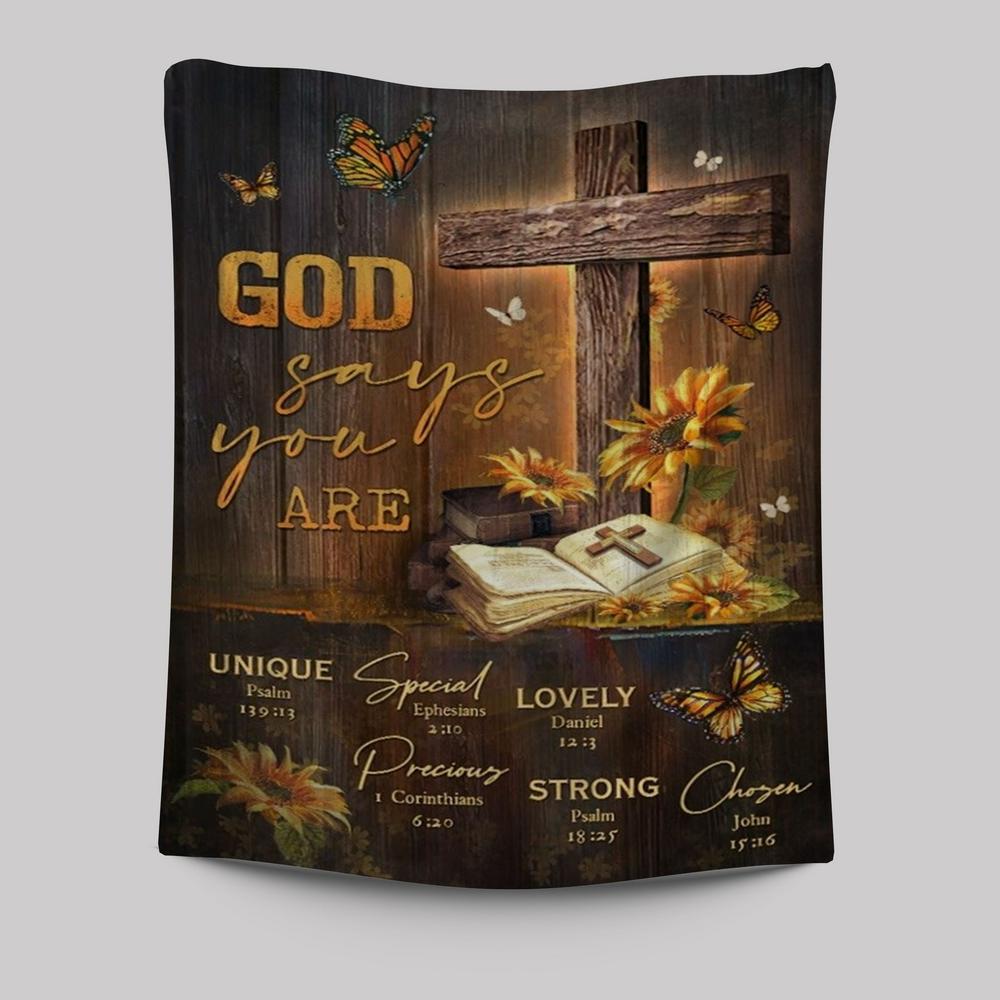 Unique Cross, Sunflower Garden, Antique Bible, God Says You Are Tapestry
