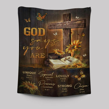 Unique Cross, Sunflower Garden, Antique Bible, God Says You Are Tapestry