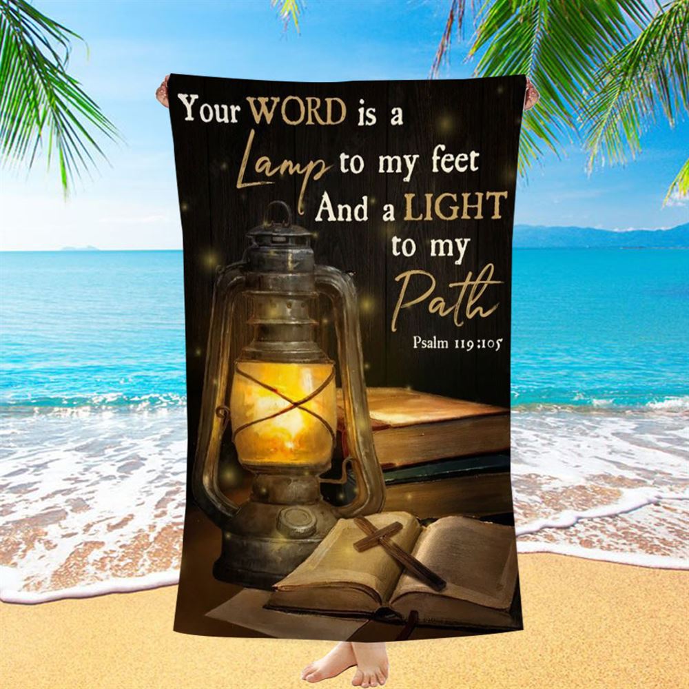 Vintage Lantern, Cross, Bible, Your Word Is A Lamp To My Feet Beach Towel, Christian Beach Towel, Christian Gift, Gift For Women