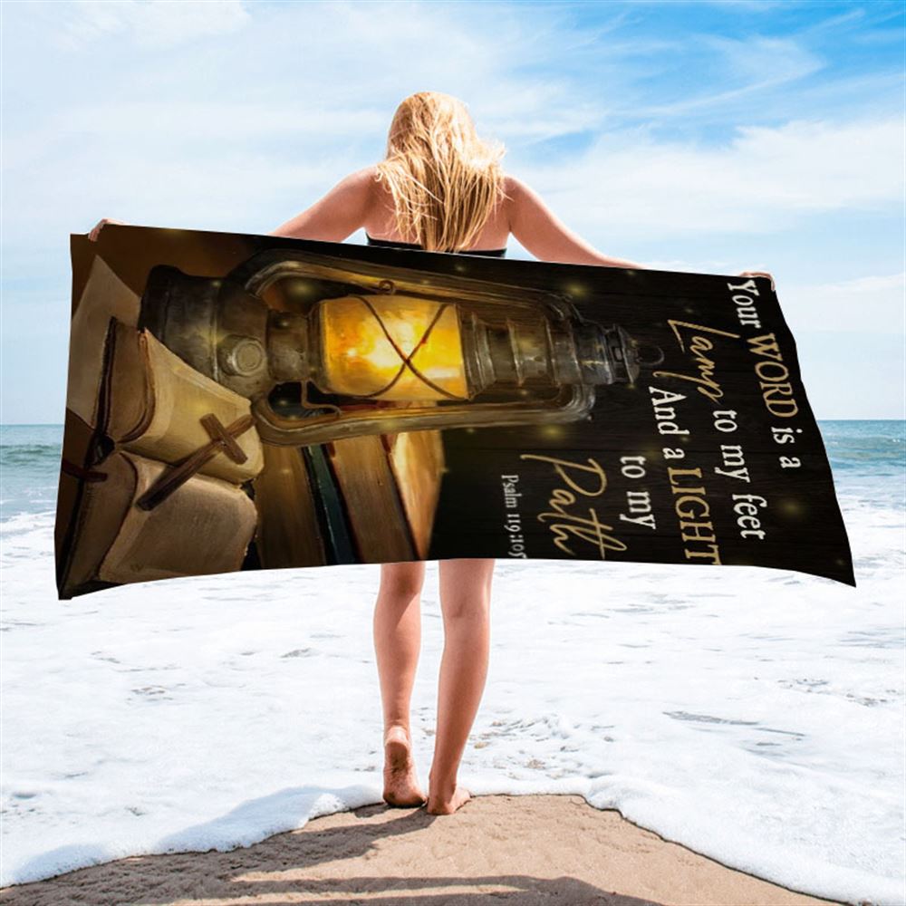 Vintage Lantern, Cross, Bible, Your Word Is A Lamp To My Feet Beach Towel, Christian Beach Towel, Christian Gift, Gift For Women