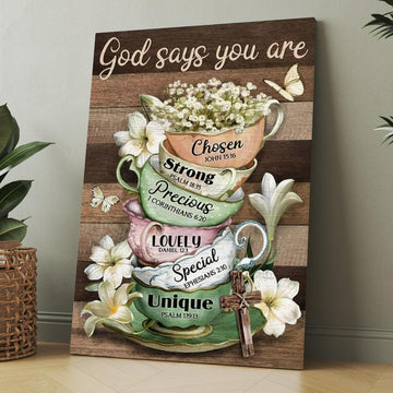 Vintage Tea Cup, Lily Flower, God Says You Are Canvas, Christmas Gift for Christian