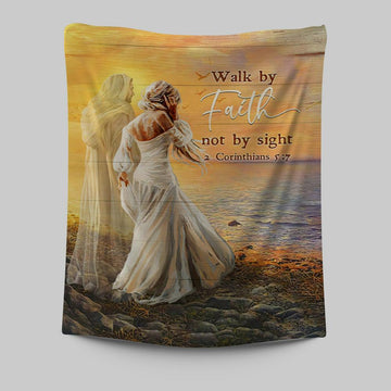 Walk By Faith Not By Sight Tapestry - Beautiful Girl Walking With Jesus Tapestry Print - Inspirational Tapestry Art - Christian Wall Art Home Decor