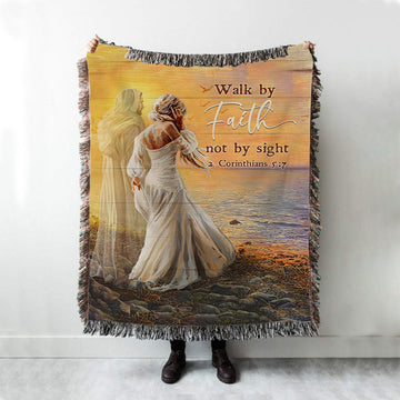 Walk By Faith Not By Sight Woven Blanket - Beautiful Girl Walking With Jesus Woven Blanket Print - Inspirational Woven Blanket Art - Christian Wall Art Home Decor