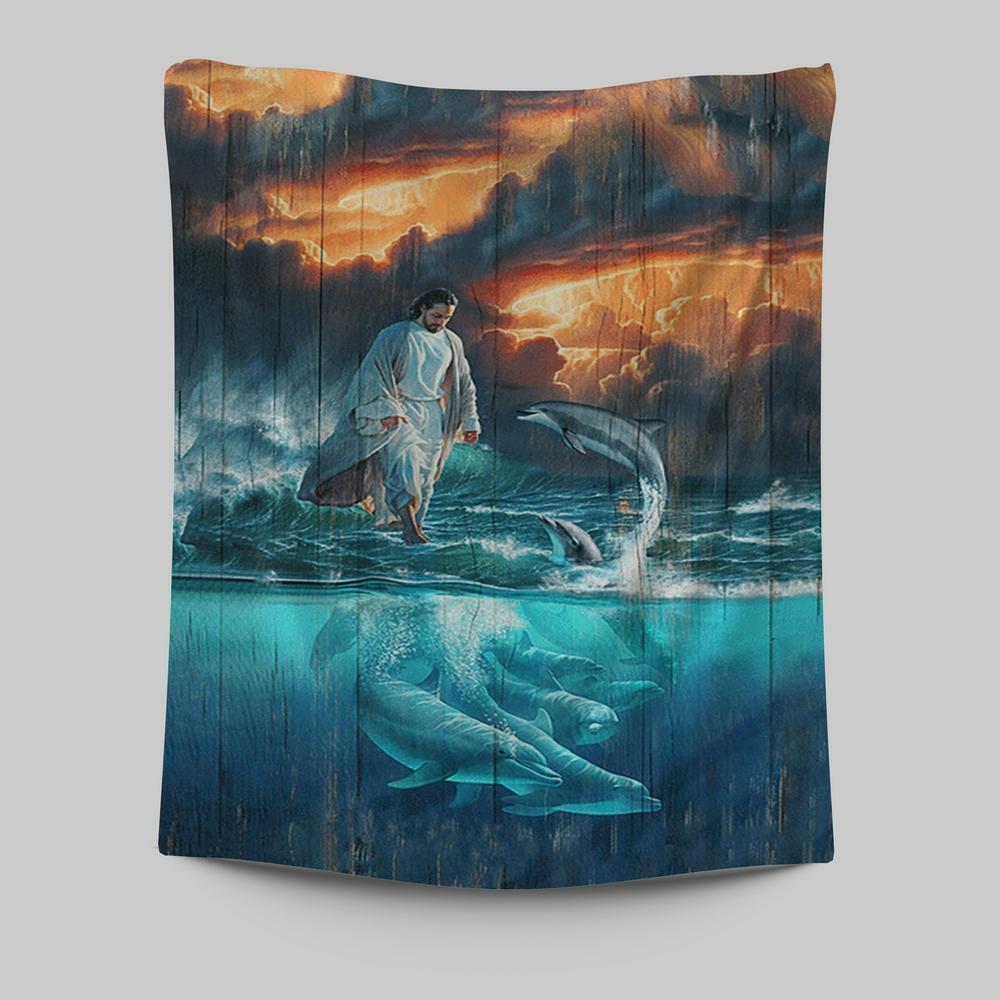 Walking On The Sea Beautiful Dolphin Tapestry Print - Inspirational Tapestry Art - Christian Wall Art Home Decor