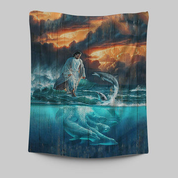 Walking On The Sea Beautiful Dolphin Tapestry Print - Inspirational Tapestry Art - Christian Wall Art Home Decor