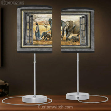 Walking With Jesus Elephant Yellow Meadow Table Lamp Art - Bible Verse Lamp Gift - Christian Bedroom Decor