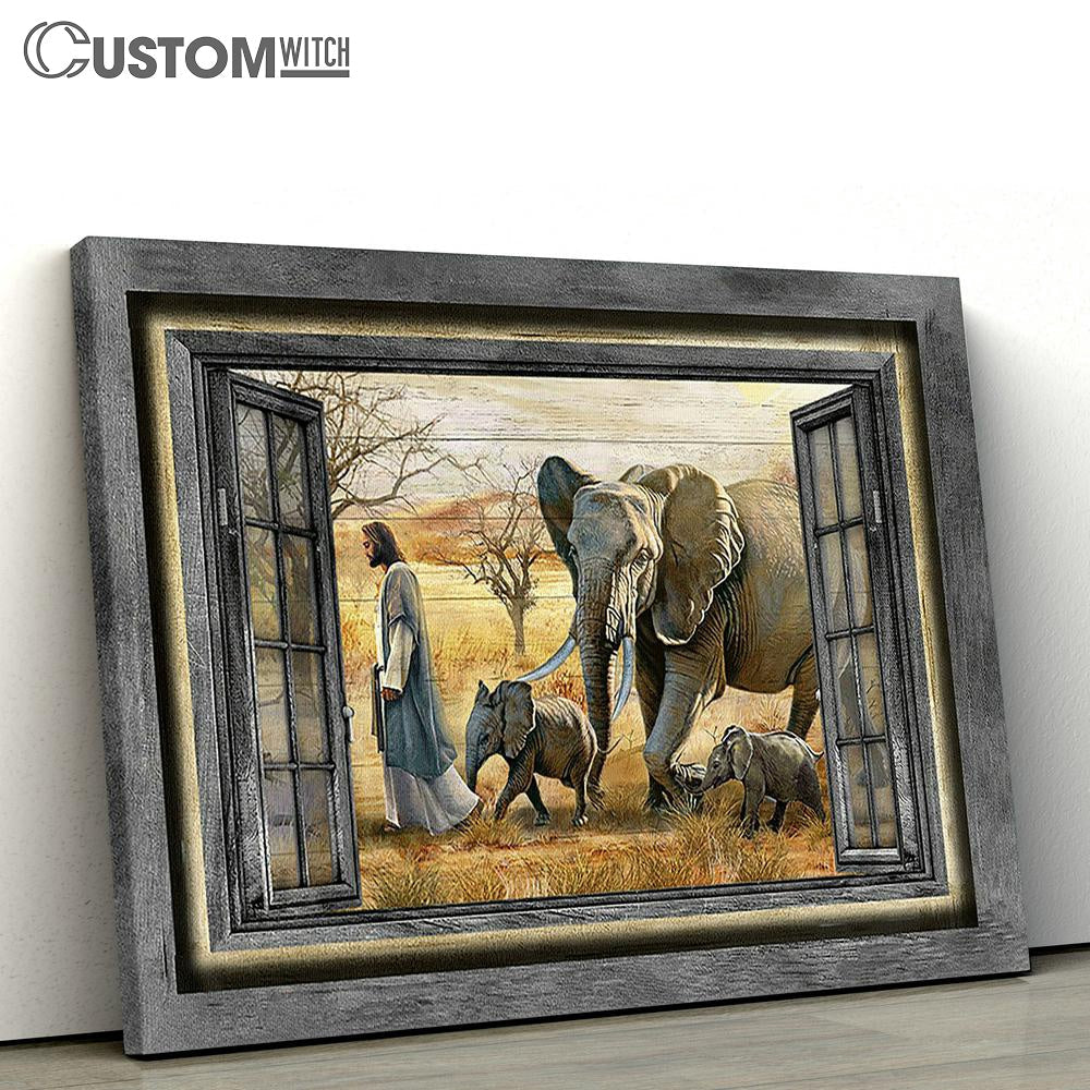 Walking With Jesus Elephant Yellow Meadow Canvas Art - Bible Verse Wall Art - Wall Decor Christian