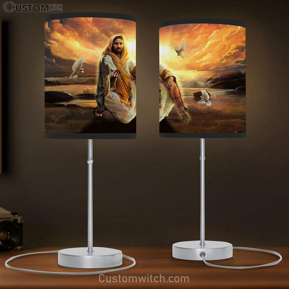 Walking With Jesus White Dove Sunset Table Lamp Art - Bible Verse Lamp Gift - Christian Bedroom Decor