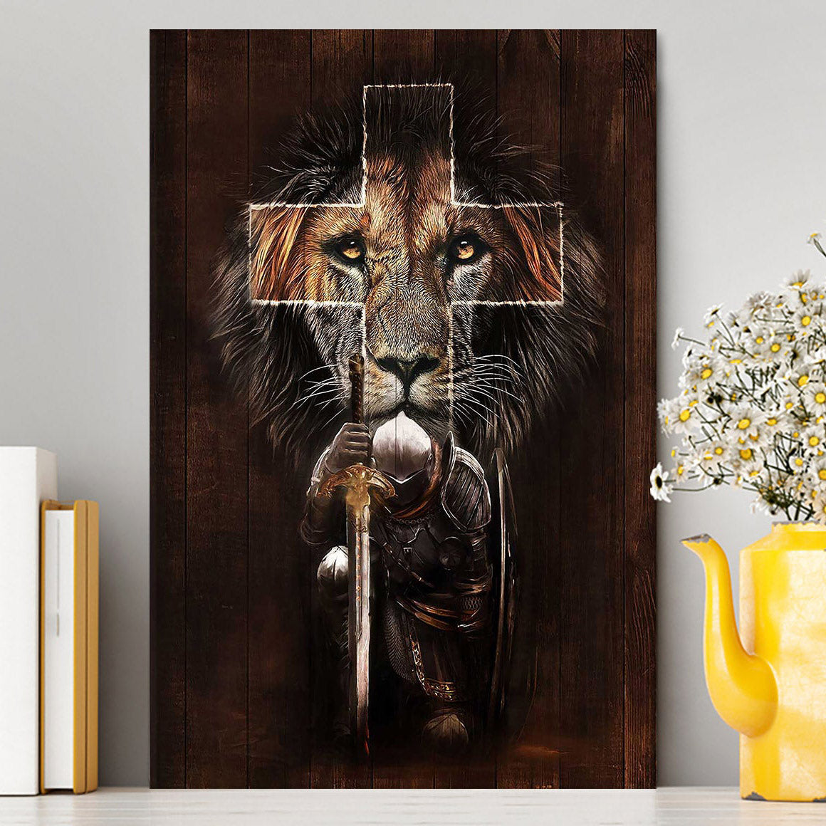Warrior Black Lion Cross Canvas Art - Christian Art - Bible Verse Wall Art - Religious Home Decor