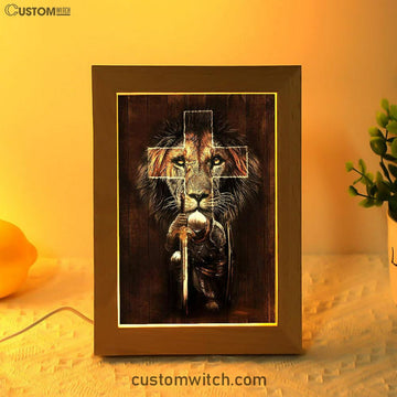 Warrior Black Lion Cross Frame Lamp Art - Christian Art - Bible Verse Art - Religious Home Decor