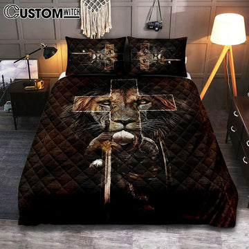 Warrior Black Lion Cross Quilt Bedding Set Art - Christian Art - Bible Verse Bedroom - Religious Home Decor