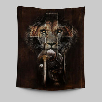 Warrior Black Lion Cross Tapestry Art - Christian Art - Bible Verse Wall Art - Religious Home Decor