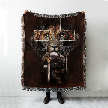 Warrior Black Lion Cross Woven Blanket Art - Christian Art - Bible Verse Throw Blanket - Religious Home Decor