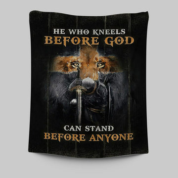 Warrior Lion Cross He Who Kneels Before God Can Stand Before Anyone Tapestry Art - Bible Verse Wall Art - Religious Home Decor