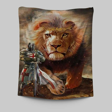 Warrior Of Christ And Lion Tapestry Wall Art -  Christian Indoor Wall Tapestries - Religious Art
